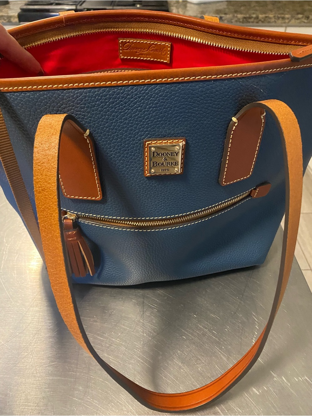 Dooney & Bourke Blue Pebble Leather Tote with Tan Trim and Red Lining